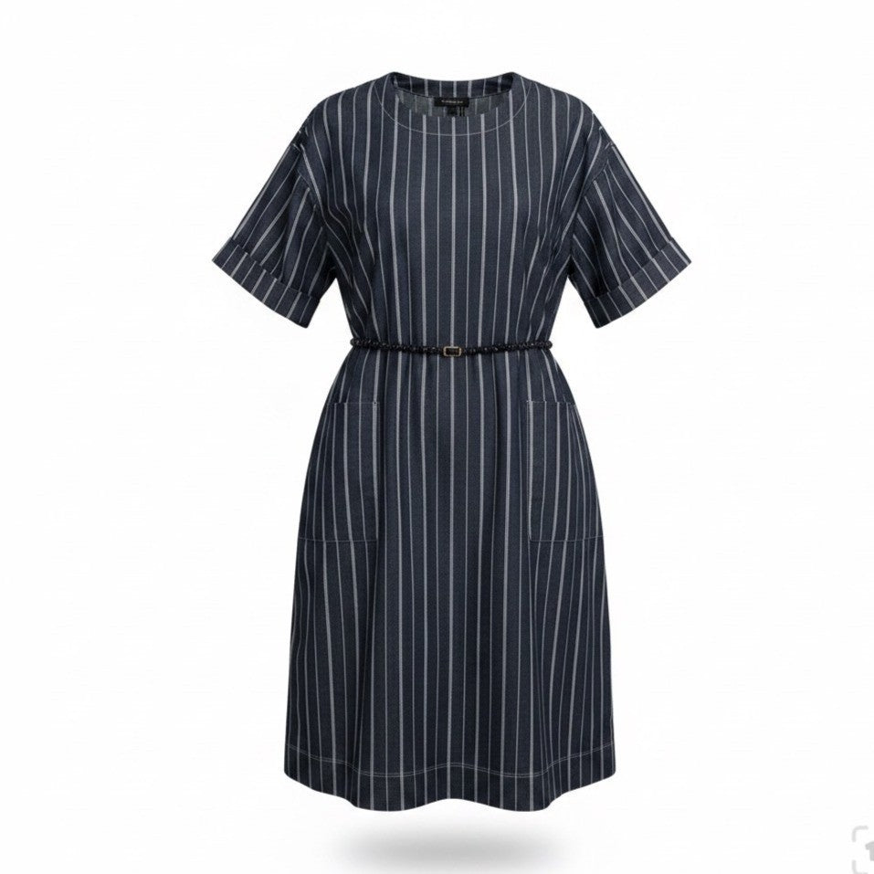 Donna Karan Womens Navy Cotton-Blend Stripe Belted Dress Size L