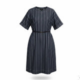 Donna Karan Womens Navy Cotton-Blend Stripe Belted Dress Size L