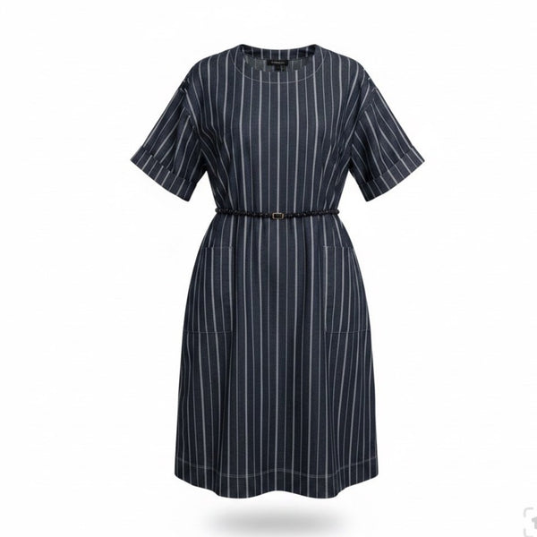 Donna Karan Womens Navy Cotton-Blend Stripe Belted Dress Size L