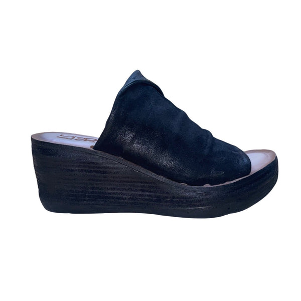 A.S.98 Women’s Black Leather Wedge Open Toe Platform Slip-On Sandals Size 39