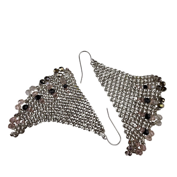 Silver Tone Handmade Dangling Beaded Earrings For Women Triangle Design Rhinesto