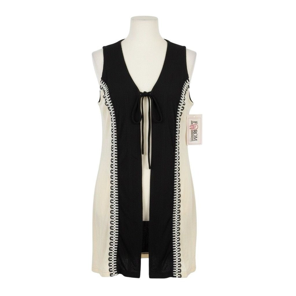 Forom Womens Black & Cream Sleeveless Open Front Cardigan Vest With Tie Detail