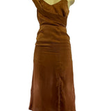 Brown Asymmetrical Satin Midi Dress With Adjustable Straps & Side-Zip Closure Ne