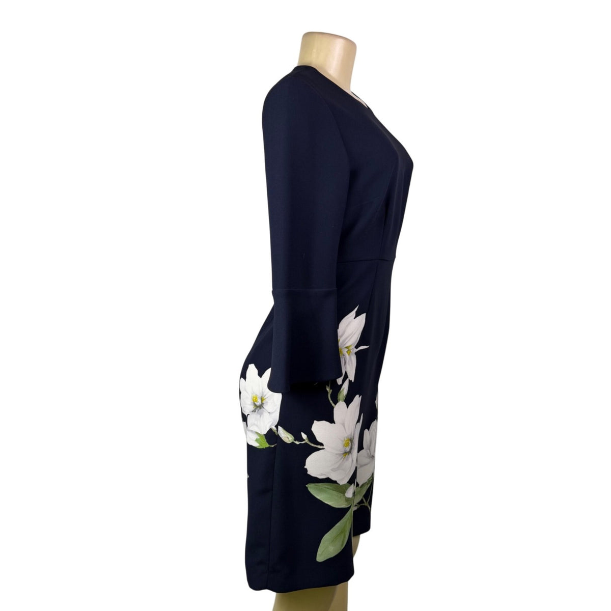 Hobbs Womens Navy Floral Print Bell Sleeve Dress Size US 4