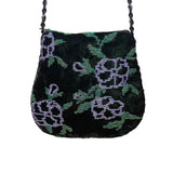 Beaded Women’s Dark Green Velvet Floral With Braided Strap Crossbody Purse