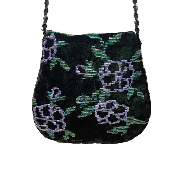 Beaded Women’s Dark Green Velvet Floral With Braided Strap Crossbody Purse