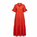 Chicos Womens Red Linen Maxi Dress Tiered Design Flutter Sleeves Size 2 (L - 12)