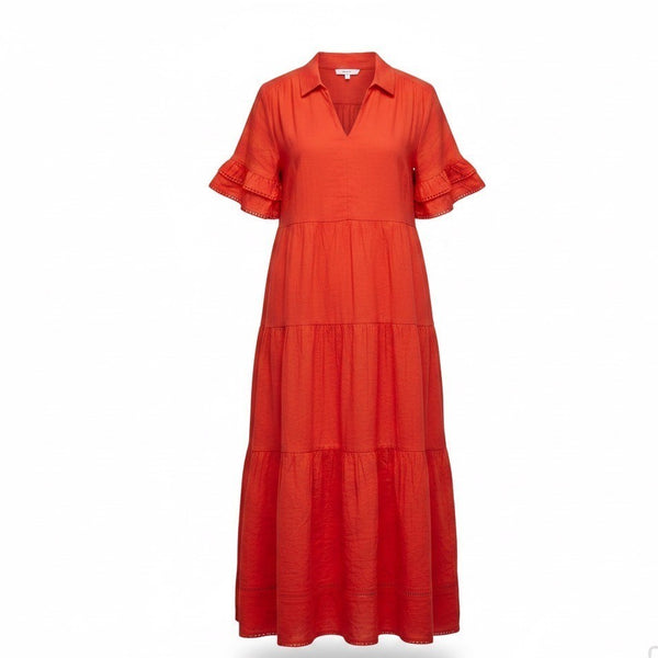 Chicos Womens Red Linen Maxi Dress Tiered Design Flutter Sleeves Size 2 (L - 12)