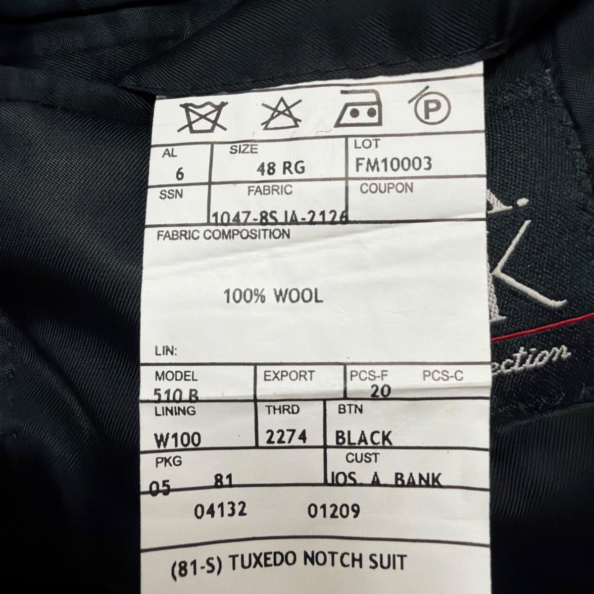 Jos. A. Bank Mens Black Wool Tuxedo Notch Suit Set Jacket Sz 48RG Pants 39x27