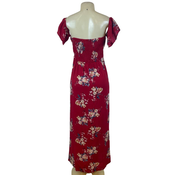 Band Of Gypsies Womens Red Floral Lace-Up Maxi Dress Off Shoulder Sz M - New