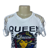 ON FIRE Women Multicolored QUEEN Graphic Cropped Open Sleeve T-Shirt  shirt Sz M