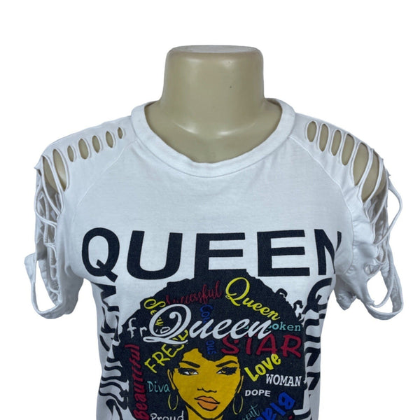 ON FIRE Women Multicolored QUEEN Graphic Cropped Open Sleeve T-Shirt  shirt Sz M