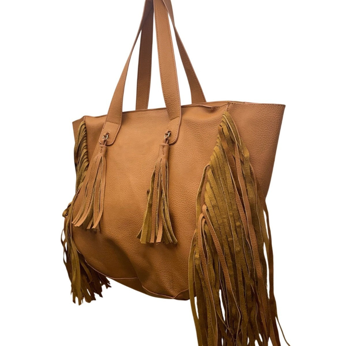 Expressions NYC Women’s Camel Brown Faux Leather Double Handle Fringe Tote Bag