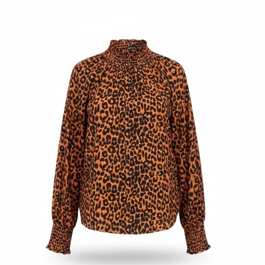 Loft Womens Black/Orange Leopard Print Smocked Long Sleeve Blouse Sz XS