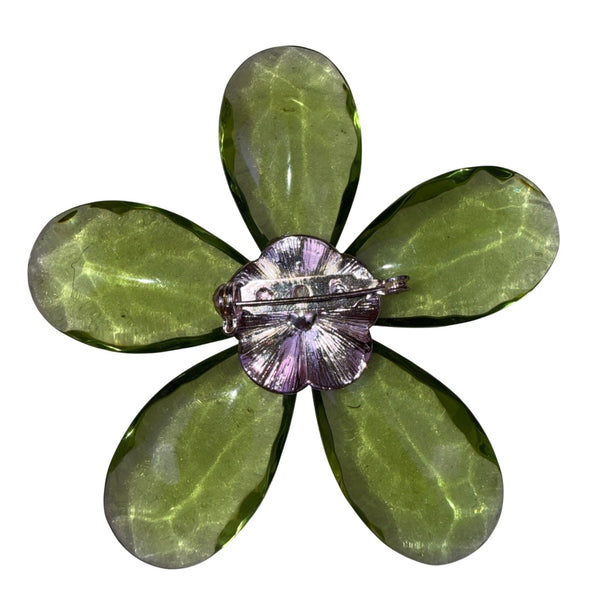 Vintage Womens Green Lucite Floral Brooch Rhinestone Accents
