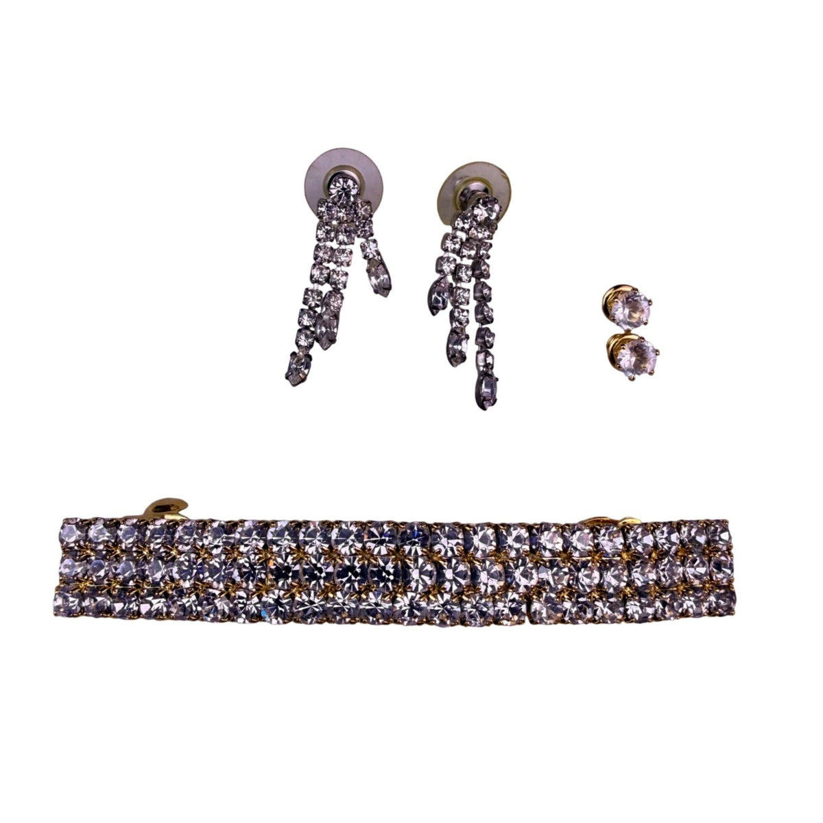 Monet Womens Gold Tone Rhinestone Jewelry Set Clip Earrings & Hair Barrette Boxe