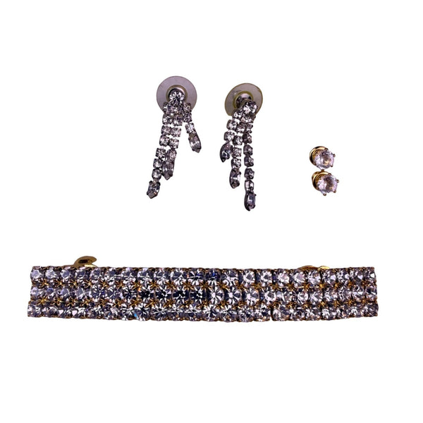 Monet Womens Gold Tone Rhinestone Jewelry Set Clip Earrings & Hair Barrette Boxe