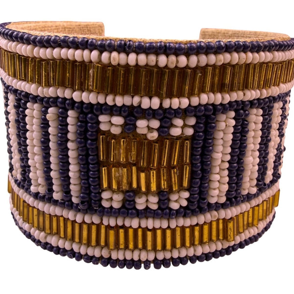 Southwest-Inspired Beaded Womens Blue/Gold Cuff Bracelet Geometric Pattern