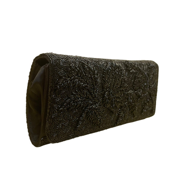 Vintage 50"s Bonnies Women’s Black Beaded Floral Handmade Clutch Evening Bag