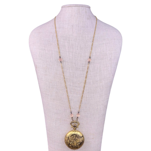 Ferarro Womens Gold Tone Metal Pocket Watch Necklace Quartz Japan Movement