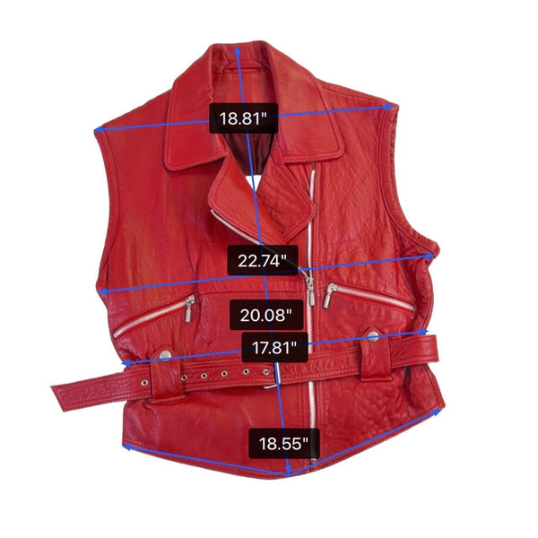 Bloomingdales Womens Red Leather Sleeveless Vest Belted Zipper Pockets Size S