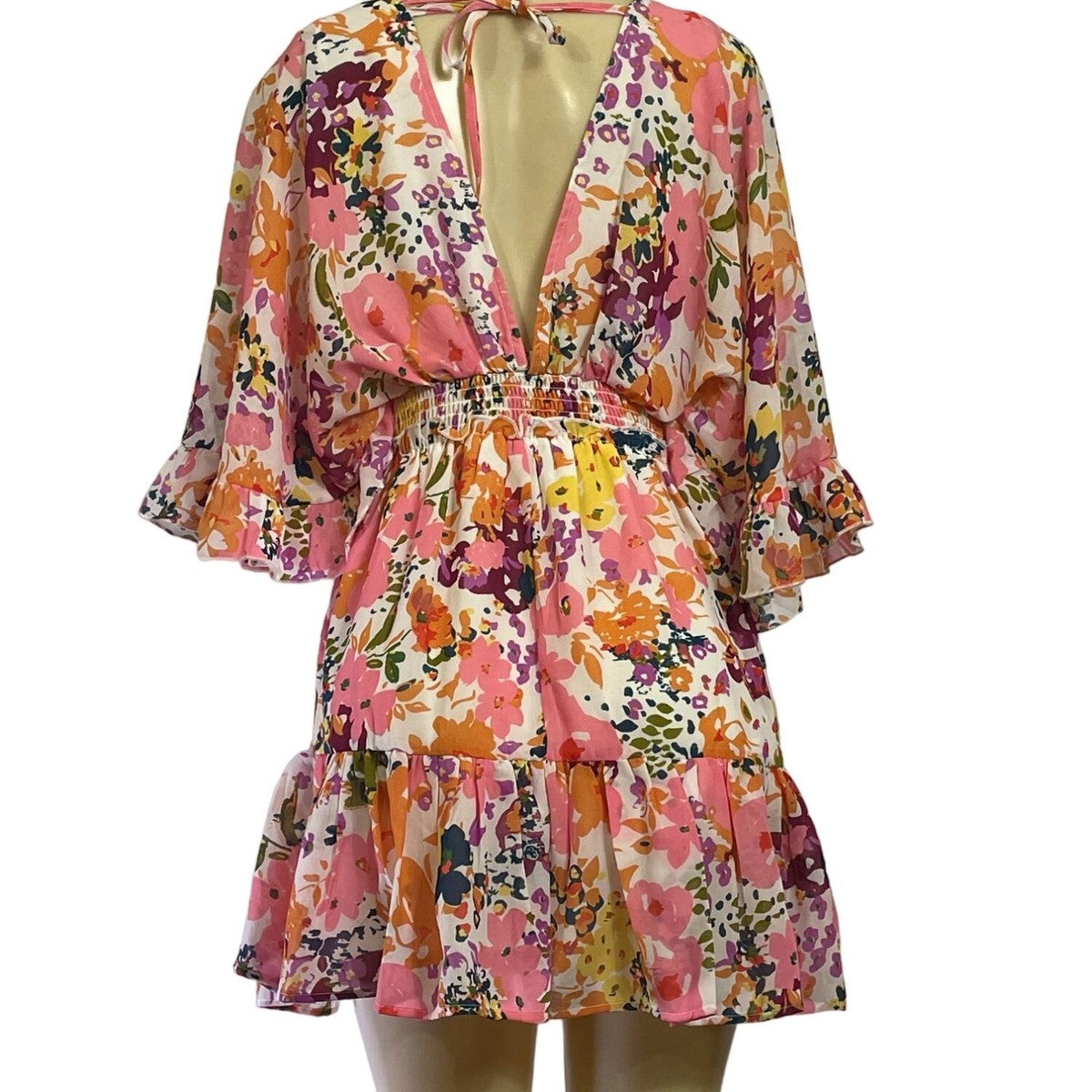 Floral V-Neck Mini Dress With Ruffle Sleeves & Smocked Waist New