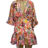 Floral V-Neck Mini Dress With Ruffle Sleeves & Smocked Waist New