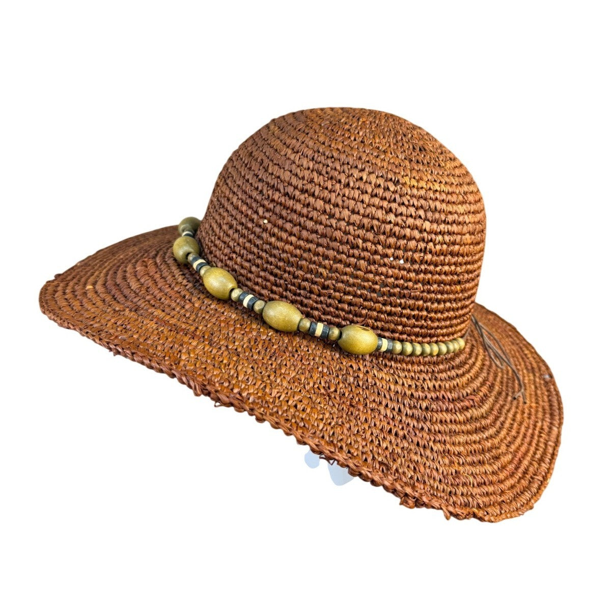 Nine West Womens Brown Straw Sun Hat With Beaded Band Wide Brim Beach Accessory