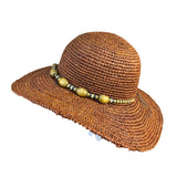 Nine West Womens Brown Straw Sun Hat With Beaded Band Wide Brim Beach Accessory