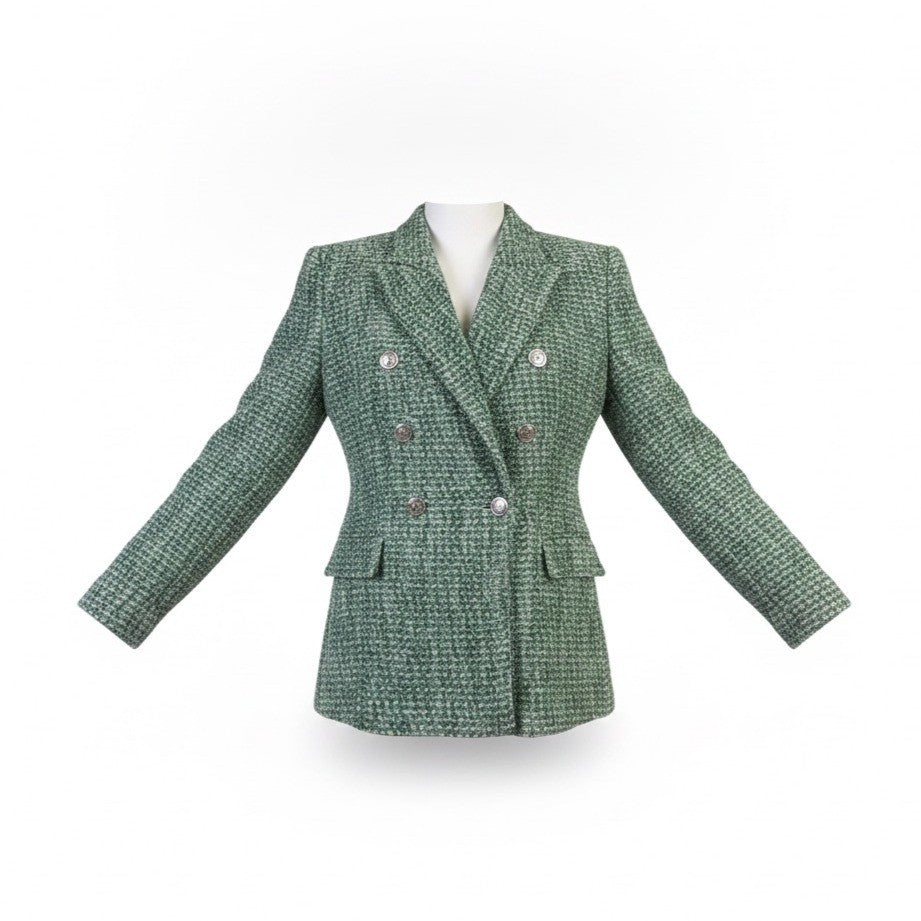 Zara Womens Green Cotton Blend Tweed Double-Breasted Blazer Stylish Morocco Size