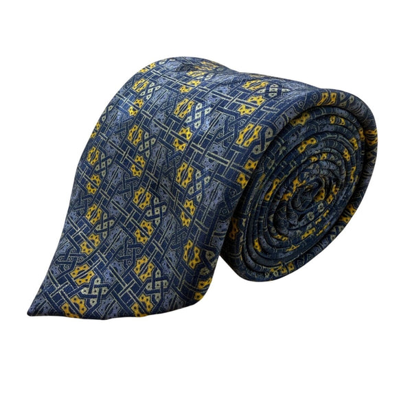 Brioni Mens Blue Yellow Silk Geometric Tie Handmade In Italy Elegant Design