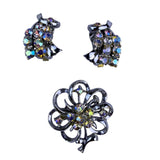 Vintage Womens Silver Tone Rhinestone Floral Brooch & Clip-On Earrings Set