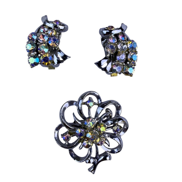 Vintage Womens Silver Tone Rhinestone Floral Brooch & Clip-On Earrings Set