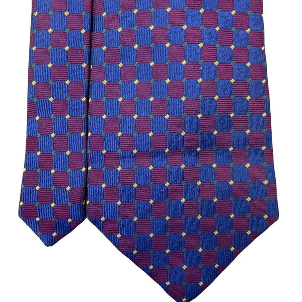 Paul Fredrick Mens Blue & Burgundy Silk Necktie Checkered Woven Hand Sewn