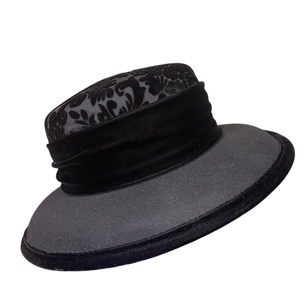 Talbots Women’s Black Velvet & Damask Wide Brim Hat Elegant Floral Pattern