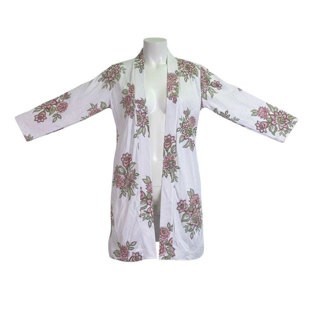 The Company Store Womens White Pink Floral Robe Relaxed Fit  Sz XS