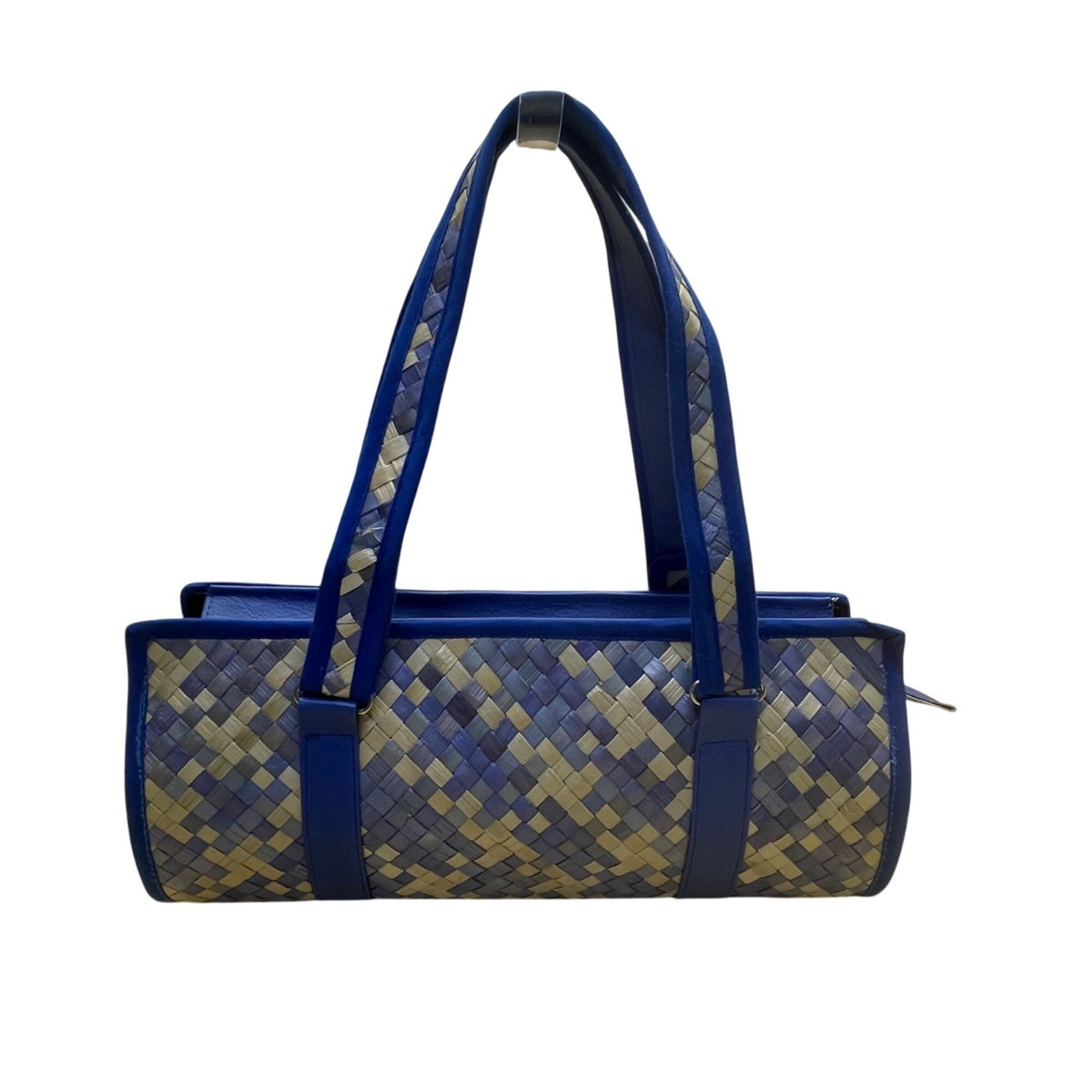 Woven Tote Bag Blue & Beige Checkered Pattern Flower Charm Detailing Handles