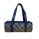 Woven Tote Bag Blue & Beige Checkered Pattern Flower Charm Detailing Handles