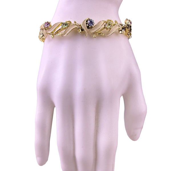 Gold Tone Womens Multi-Color Rhinestone Enamel Leaf Design Bracelet 