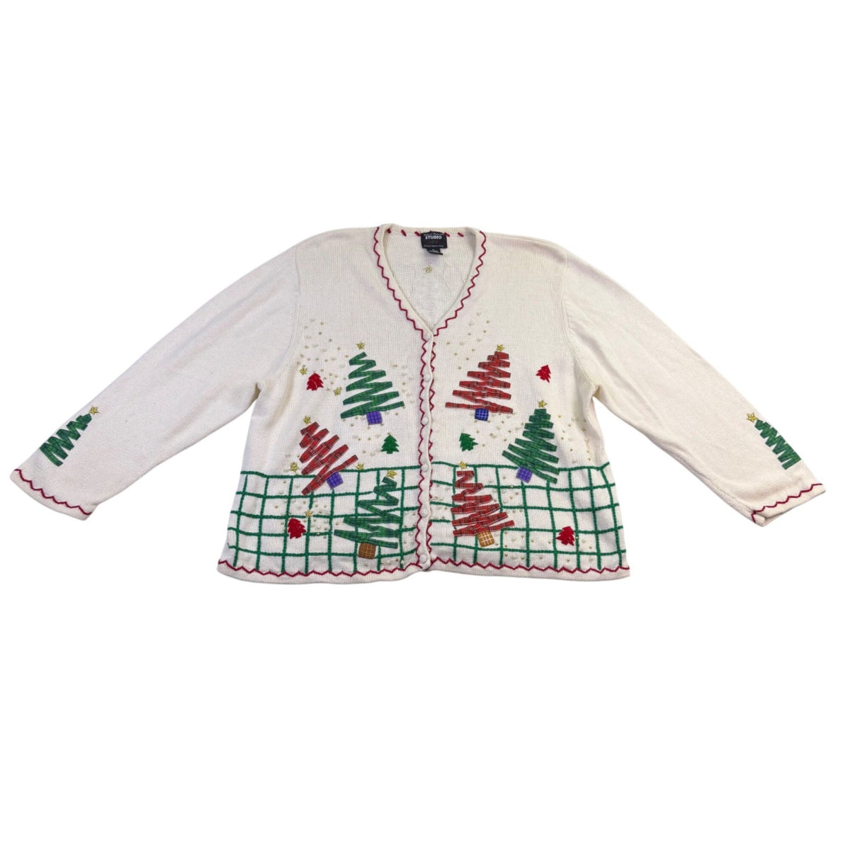 Studio Joy Womens White Holiday Cardigan Embellished Trees Design Sz 3X