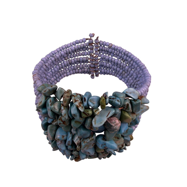 Multistrand Turquoise & Blue Beaded Bracelet Womens Handmade Stone Chips