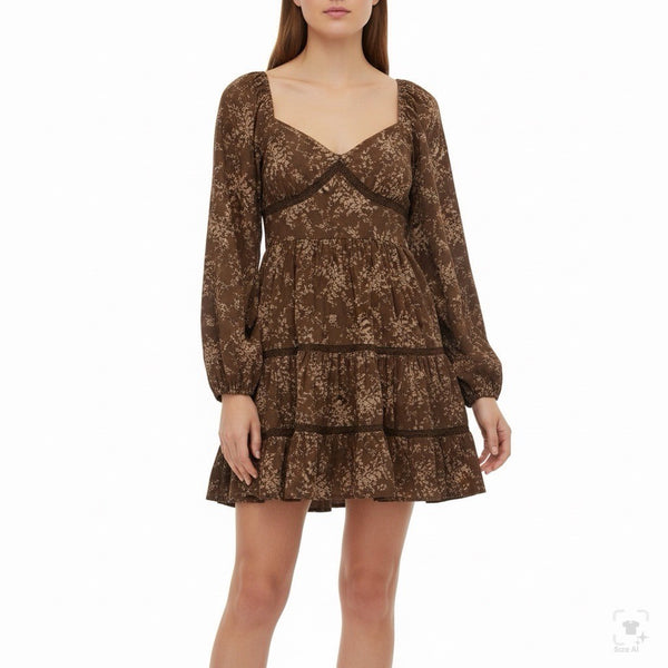 Altard State Womens Brown Cotton Floral Print Long Sleeve Tiered Mini Dress Sz M