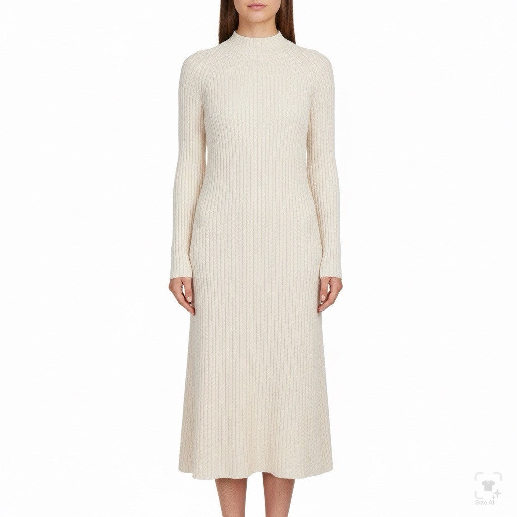 Queens Street Womens Cream Ribbed Knit Long Sleeve Midi Sweater Dress Size OS