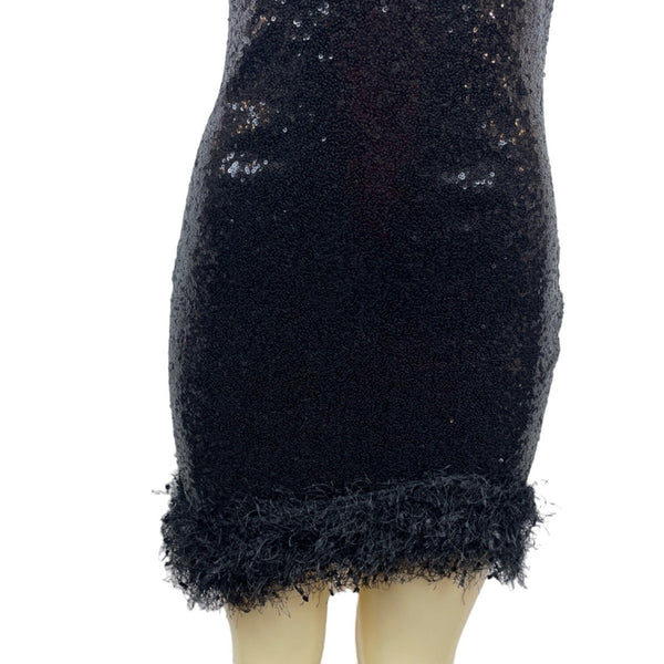 Black Sequin Sleeveless Mini Dress With Fringe Accent