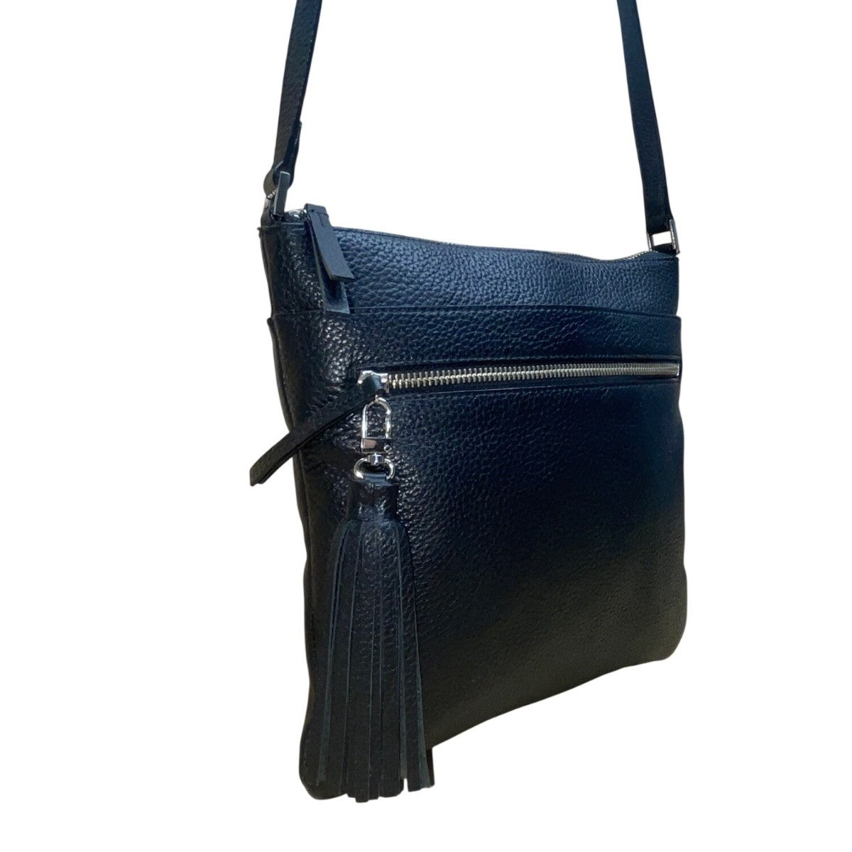 Halogen Women’s Black Pebbled Leather Adjustable Strap Crossbody Bag With Tassel