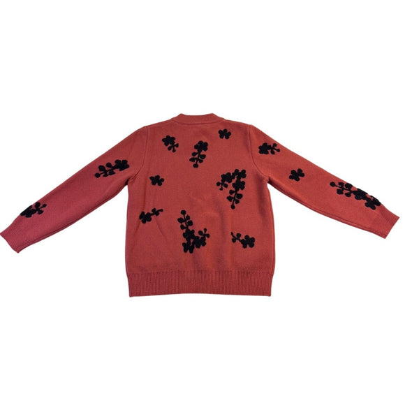 Womens Rust & Black Embroidered Pattern Knit Cardigan With Zipper & Pockets