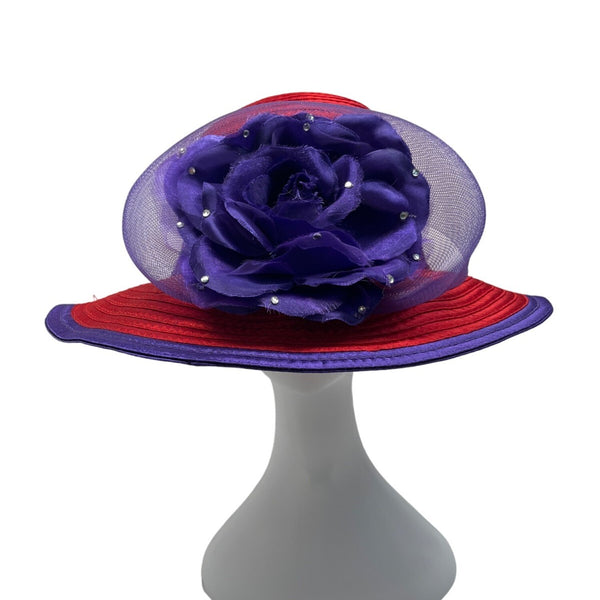 Red & Purple Womens Polyester Hat With Decorative Flower