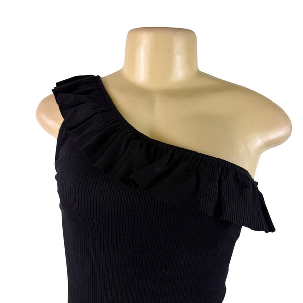 Jun & Ivy Womens Black Rayon One-Shoulder Top Ruffle Detail Sz S - NWT