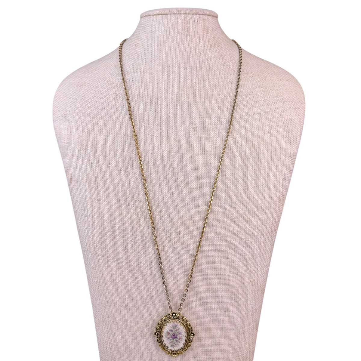 Vintage Needlepoint Floral Pendant & Clipon Earrings Set Gold Tone Necklace
