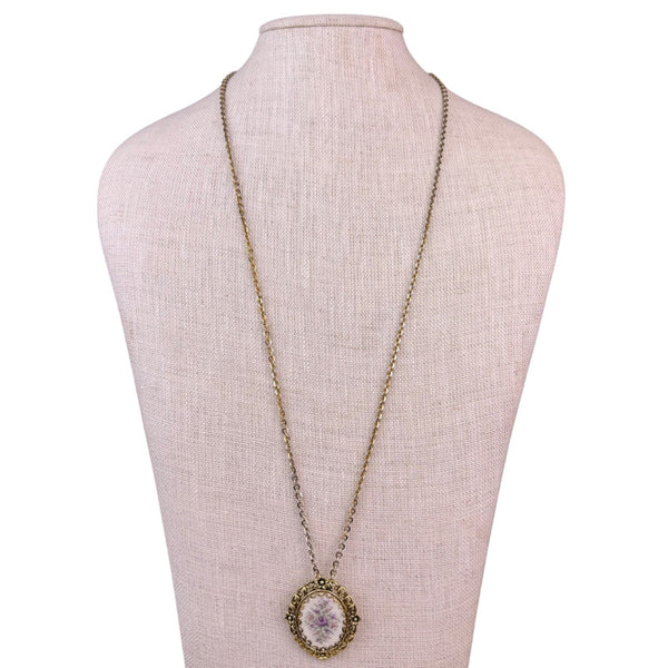 Vintage Needlepoint Floral Pendant & Clipon Earrings Set Gold Tone Necklace